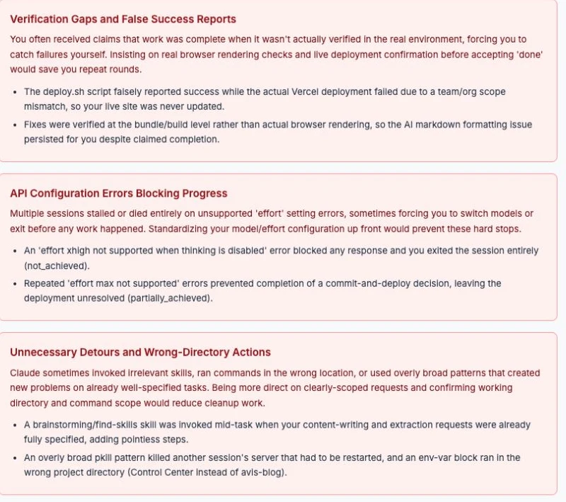 Claude Code Insights report showing verification gaps, API configuration errors, and overly broad commands