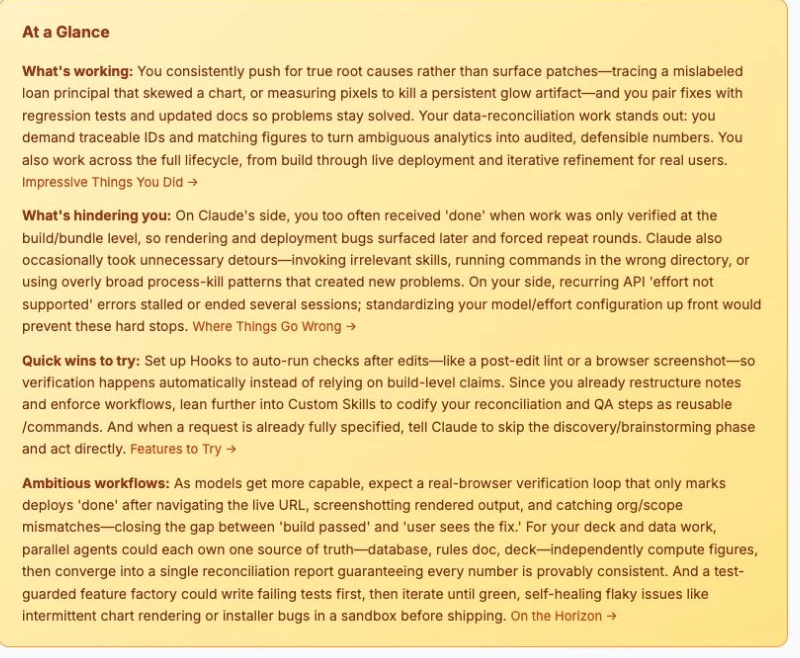 Claude Code Insights report summarizing work patterns, strengths, and friction points