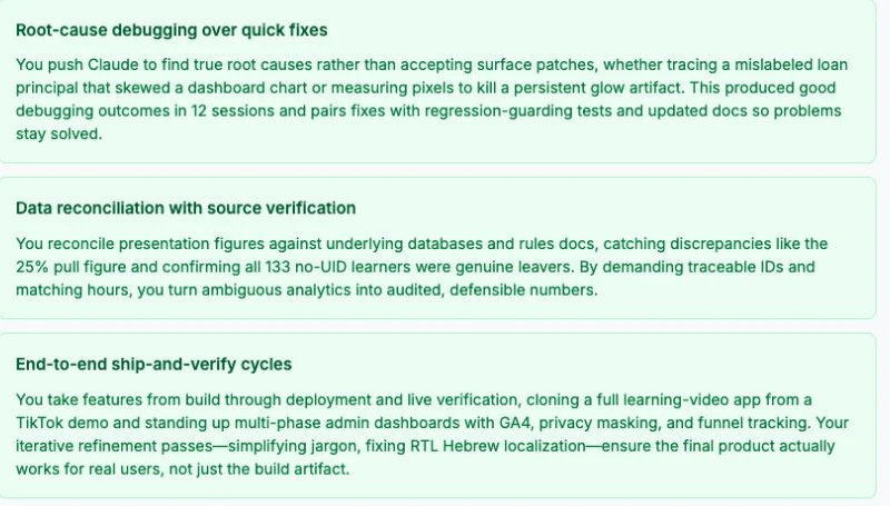 Claude Code Insights report showing strengths in debugging, data reconciliation, and production verification