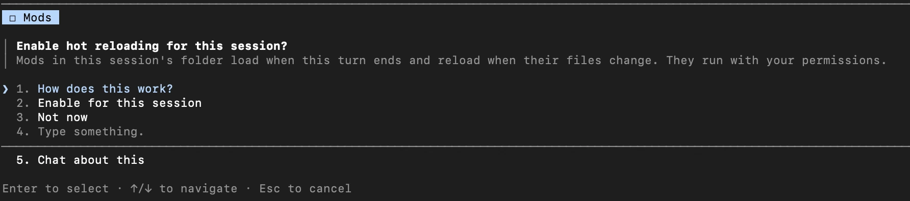 A Claude Code prompt in the terminal asking whether to enable live Mod reloading for this session, with the Enable for this session option