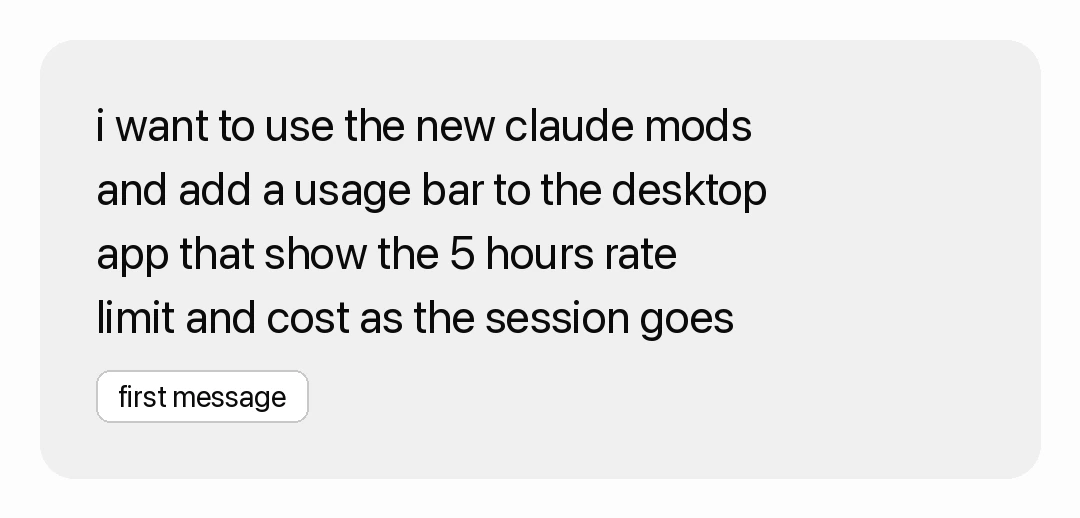 The first message I wrote to Claude in English, asking to add a line to the app showing the five-hour usage limit and the cost