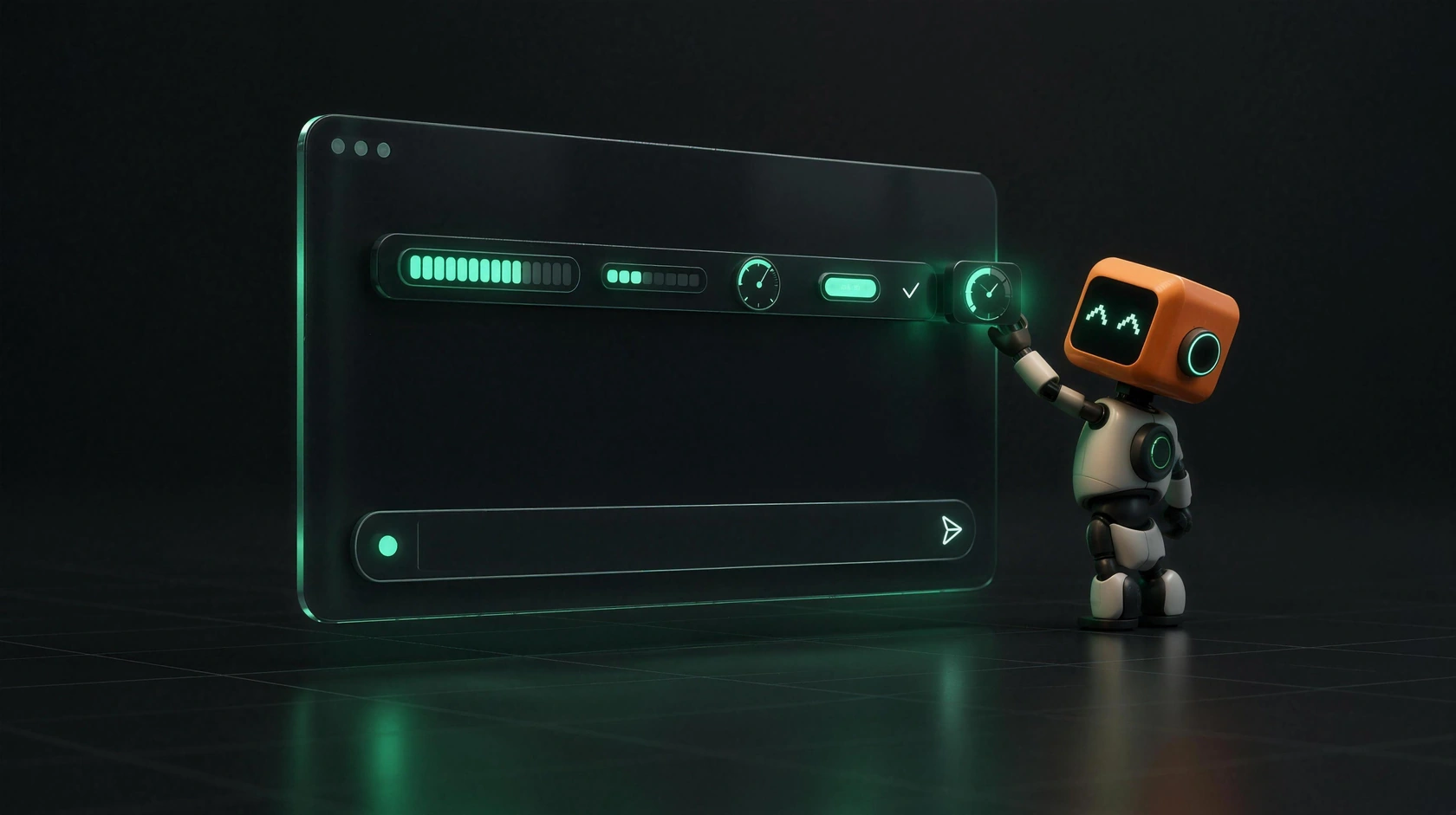 A small robot with an orange cube head connects a glowing green indicator to a thin status bar at the top of a dark glass chat window. The bar contains progress indicators, a small clock, a button, and a checkmark. At the bottom of the window is an empty input box.