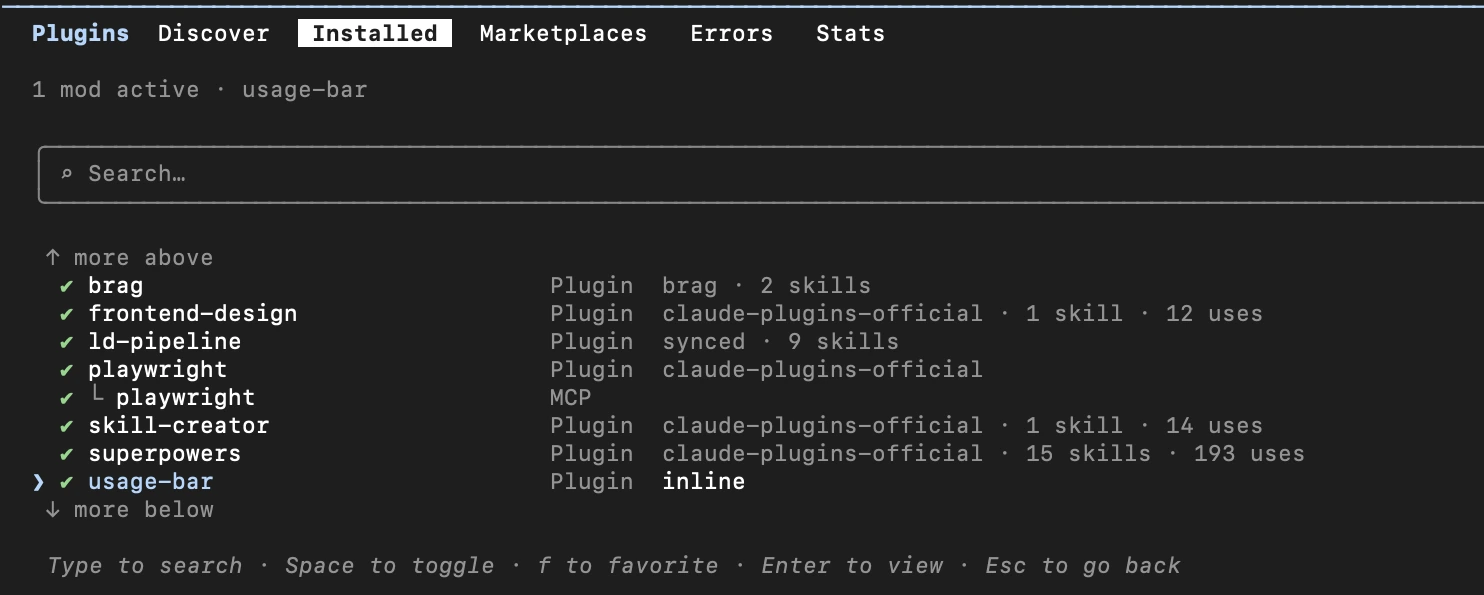 The Installed tab in the Claude Code plugins screen, with the Mod named usage-bar marked as active in the list