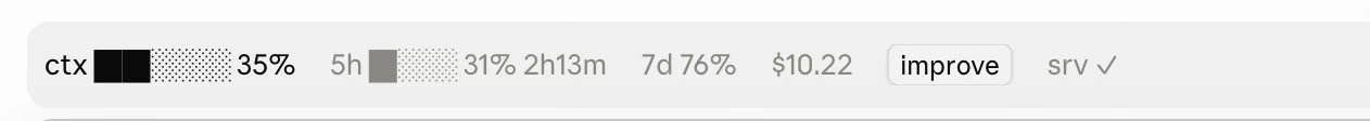 My status bar, left to right: conversation memory bar, five-hour limit, weekly limit, conversation cost, an improve button, and a checkmark showing everything is closed