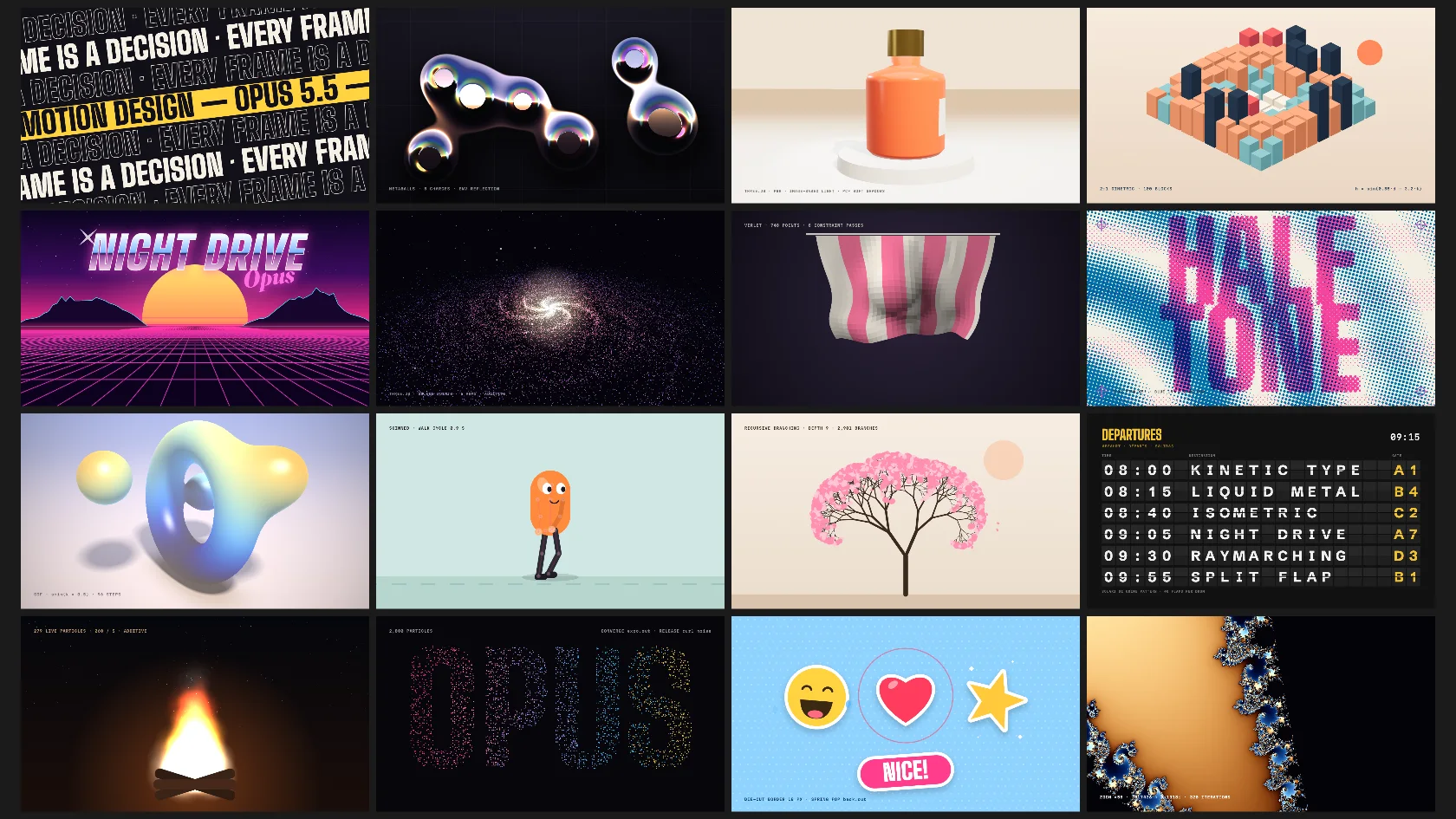A collage of 16 frames from the Opus 5.5 showreel, from kinetic type to a galaxy and a 3D bottle