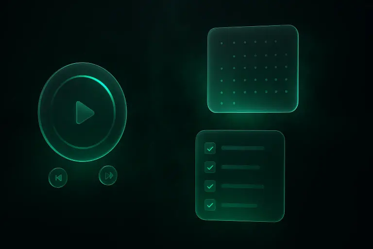 Glowing control center widgets on a dark background — music player, calendar, task list, notifications