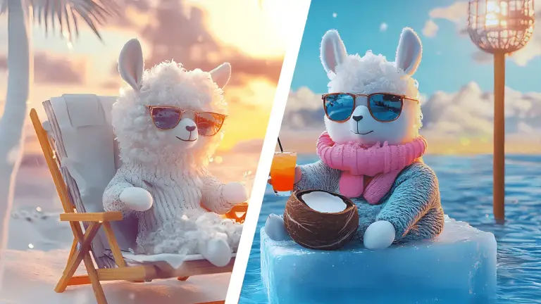 Two parts of a picture. of llama one sitting on ice floating and one on beach