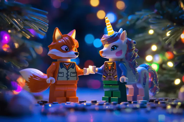 ox lego figure waring suit and unicorn lego figures waring suit holding hands in lego world