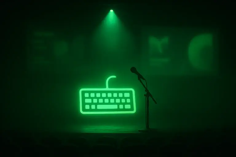 Dark conference stage with a spotlight on a glowing keyboard and a microphone silhouette, green slides visible in the background