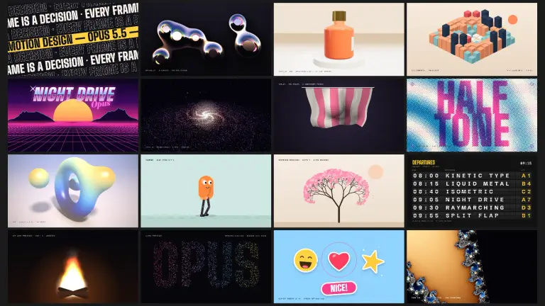 A collage of 16 frames from the Opus 5.5 showreel, from kinetic type to a galaxy and a 3D bottle