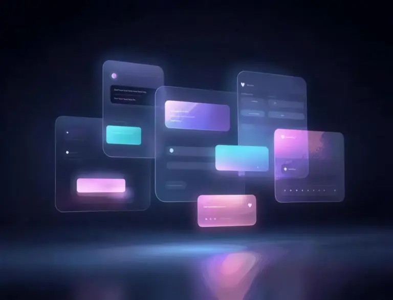 A clean modern hero image showing floating UI elements