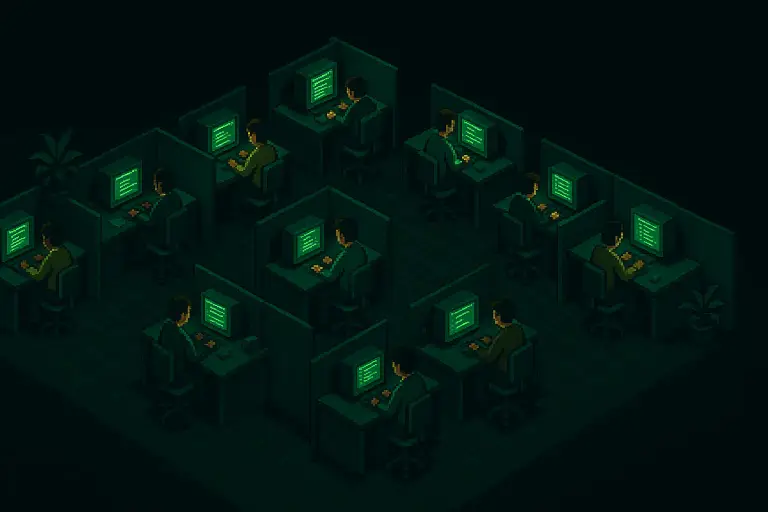A pixel office simulator with AI agents seated around desks