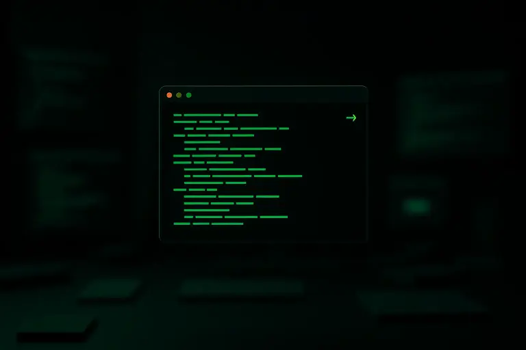 A minimalist glowing terminal window with green lines of code and geometric content blocks on a dark background