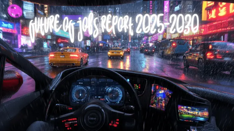 The view from the driver's seat of a cyberpunk car in the rain, with neon lights on the buildings and cars in the background. The driver is wearing a black jacket with a white collar. The interior has holographic screens and a retro-futuristic dashboard.