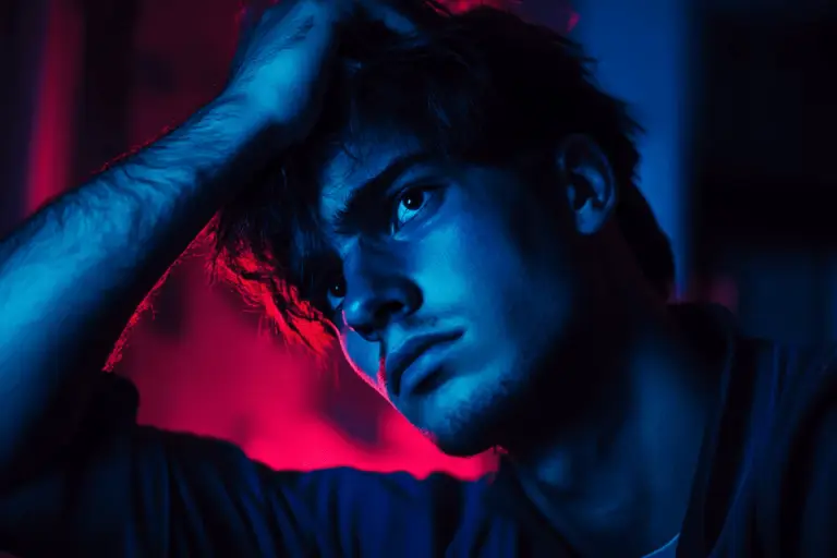 Glowing, fantasy, A man holding his head with an anxious look