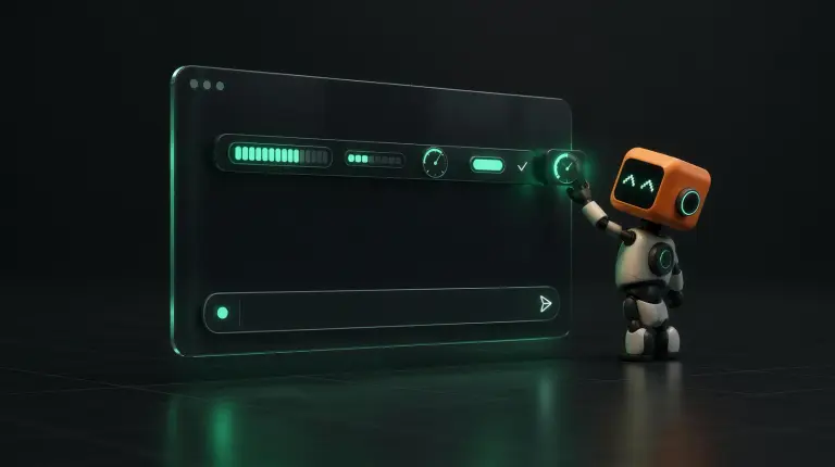 A small robot with an orange cube head connects a glowing green indicator to a thin status bar at the top of a dark glass chat window. The bar contains progress indicators, a small clock, a button, and a checkmark. At the bottom of the window is an empty input box.