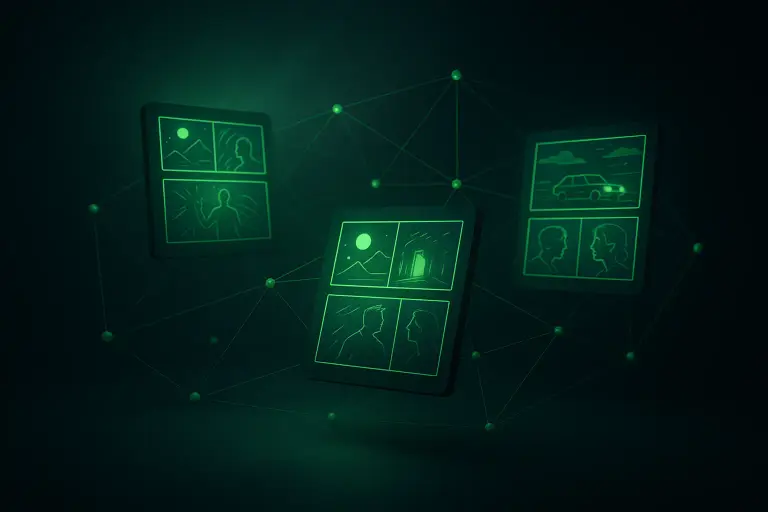 Floating content boards connected by a neural network, dark aesthetic with green highlights