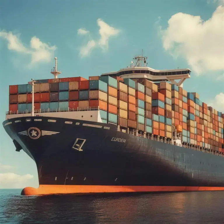 A cruise ship full of containers with a lieutenant's emblem on the side of the ship