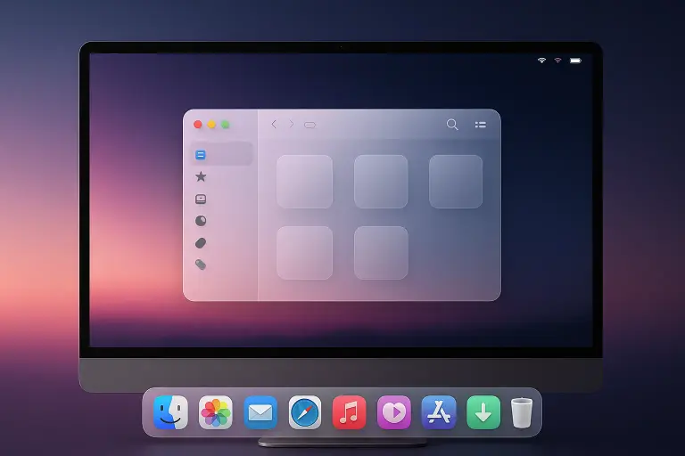 A macOS-style desktop with a dock and open windows