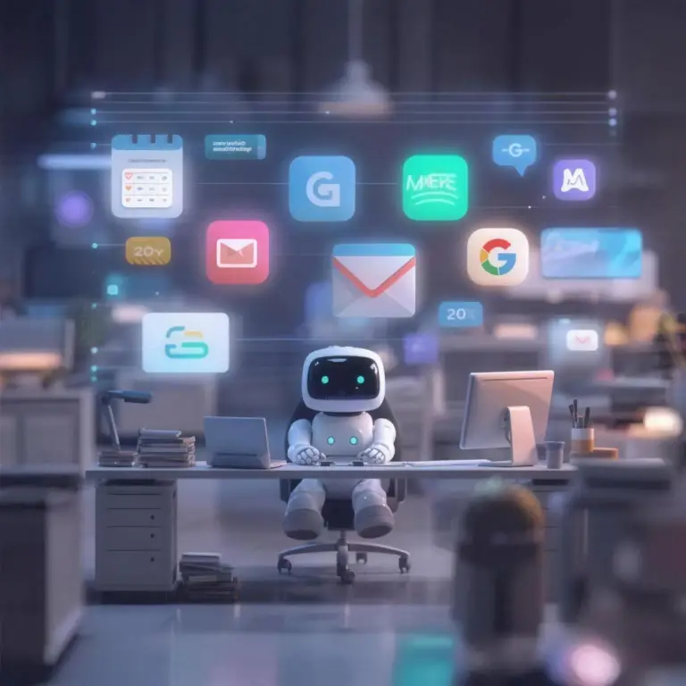 fantasy A futuristic digital workspace with an AI robot assistant sitting at a desk, connecting different software apps via glowing data streams