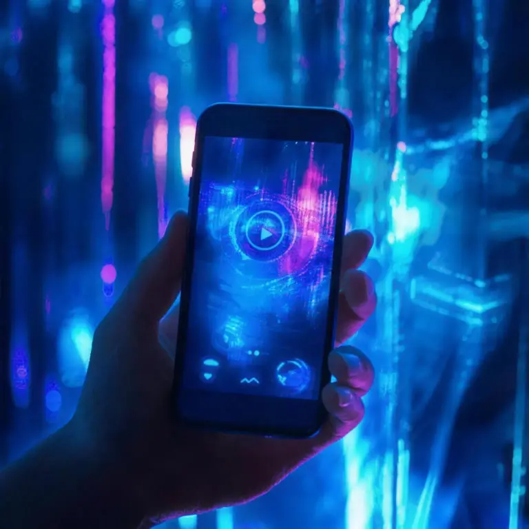 Glowing, fantasy background wite hand holding mobile divce with audio app player shown on the mobile