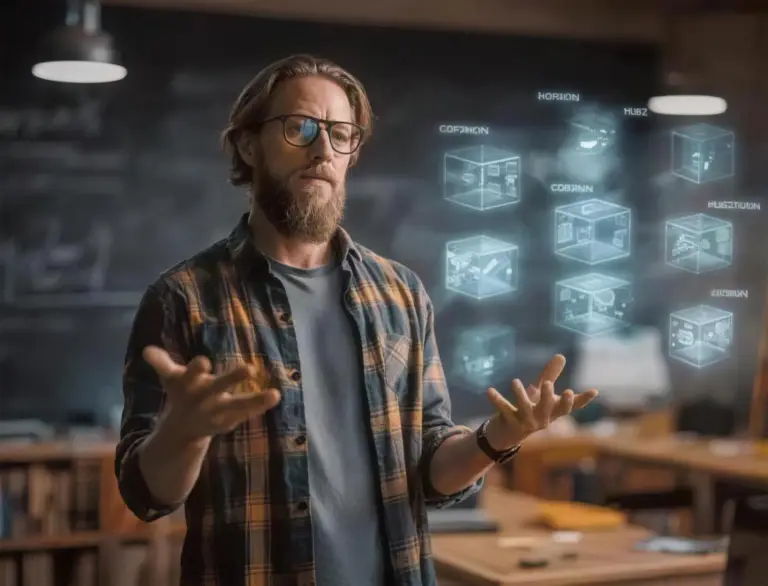 a teacher-like person explaining a holographic diagram of web application architecture
