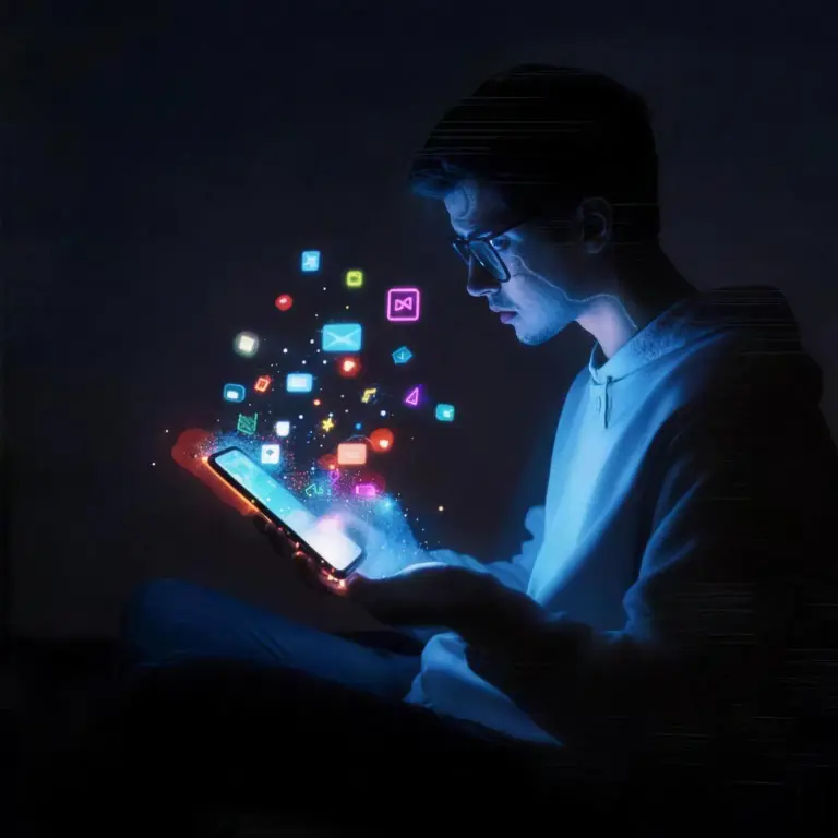 A person is sitting, holding a glowing smartphone screen in front of him. float holographic apps icons out of the smartphone, fading away.