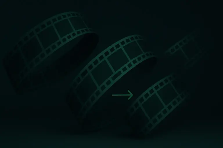 Abstract animation timeline on a dark background with glowing green film strips