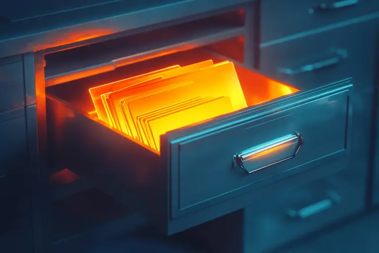 A file drawer with a digital folder that pops out of it