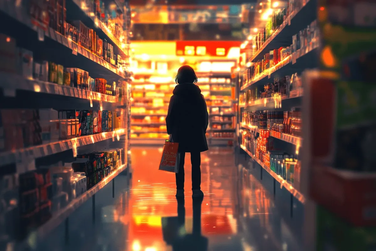 A person is standing in the aisle trying to decide which shelf to choose