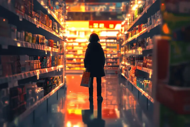 A person is standing in the aisle trying to decide which shelf to choose