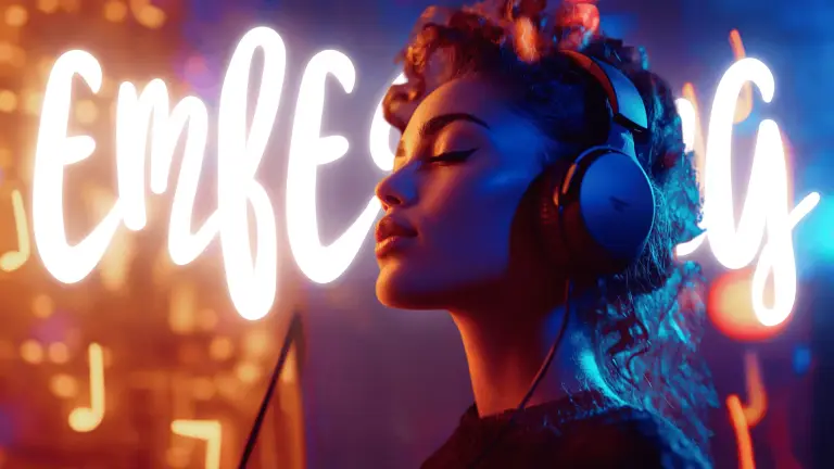 woman with over the ear headphones in a studio holding the listening to music holding the headphones with glowing notes around