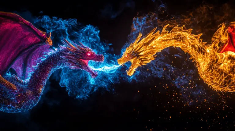 2 dragons in the sky spitting fire at each other