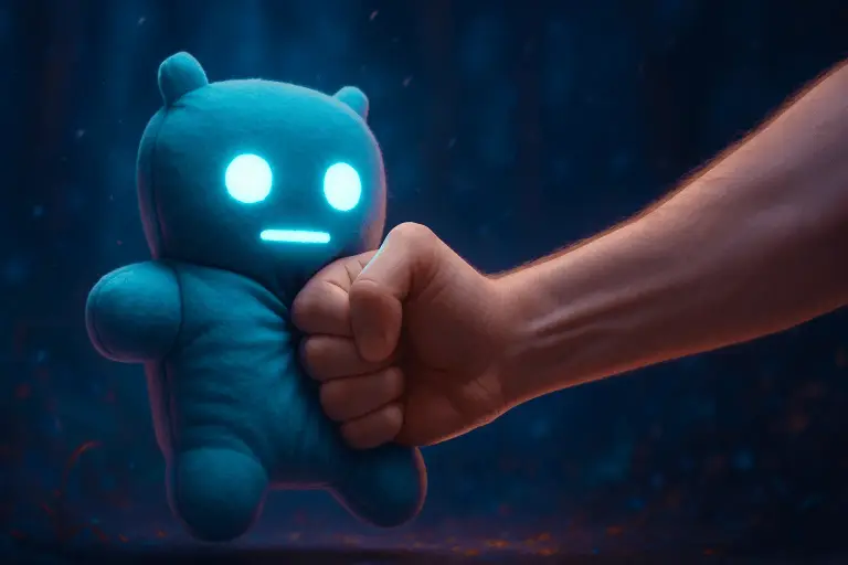 hand punching a stress pillow that looks like a bot