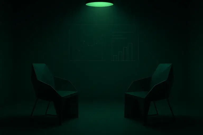 Abstract interview scene in soft green lighting with a data dashboard projection between two geometric chairs