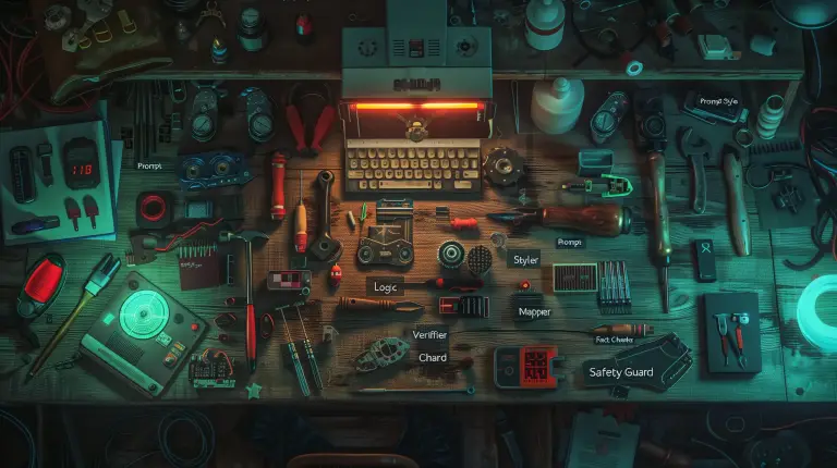 A futuristic glowing AI workbench floating in space, with magical tools labeled as AI functions like ‘Prompt Styler’ and ‘Logic Verifier’ – sci-fi fantasy style