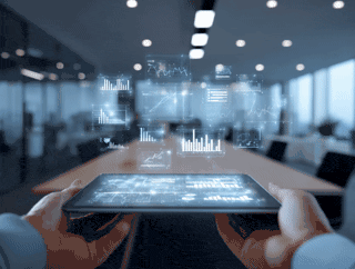 gloeing A professional business scene: hands of a manager holding a transparent tablet