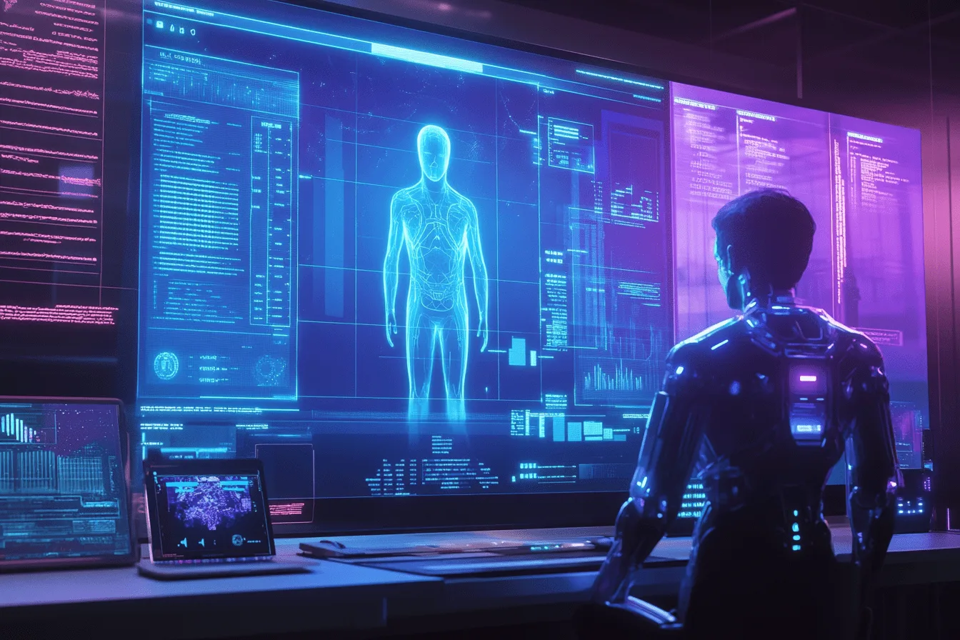 futuristic office environment with a high-tech AI recruitment assistant