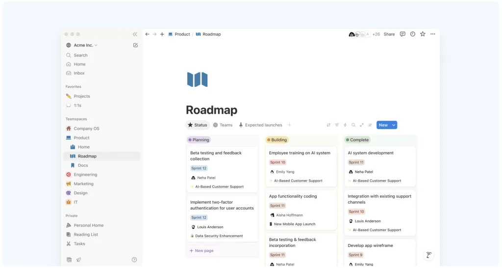 צילום מסך של Roadmap ב Notion