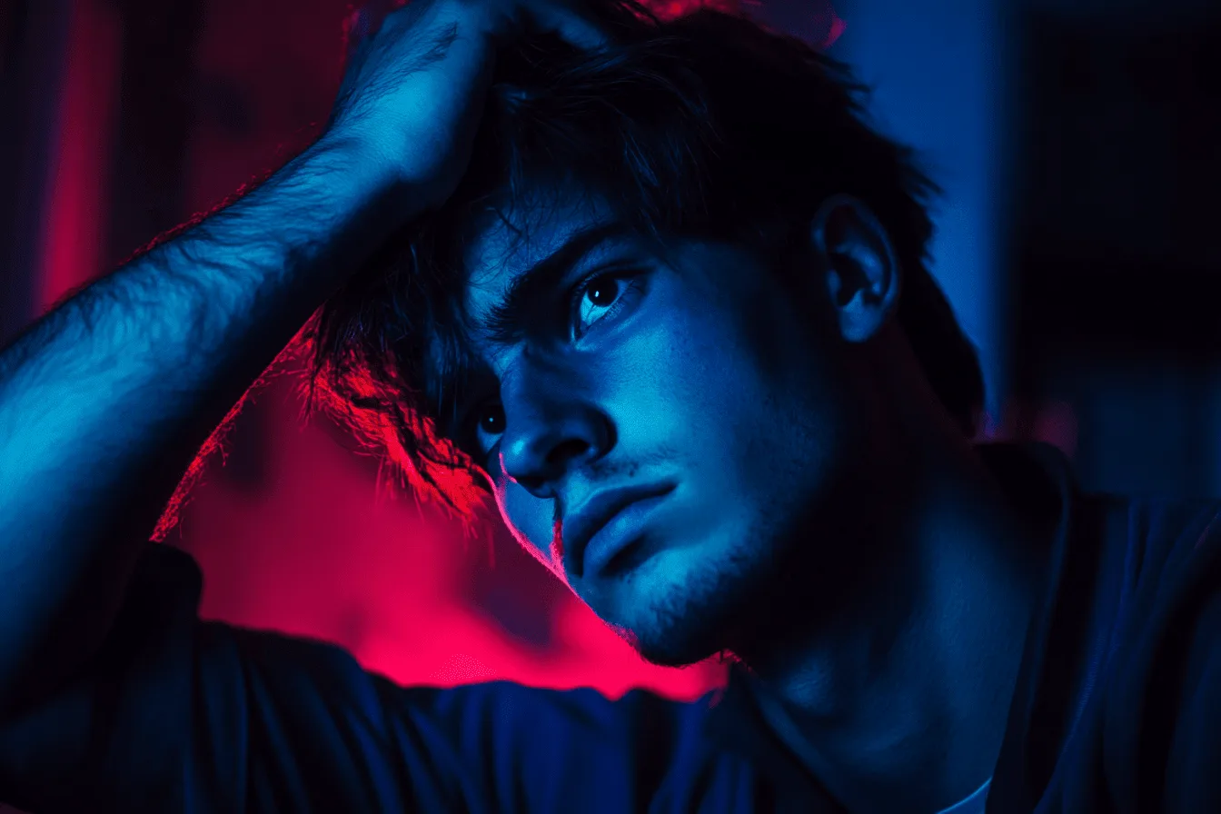 Glowing, fantasy, A man holding his head with an anxious look
