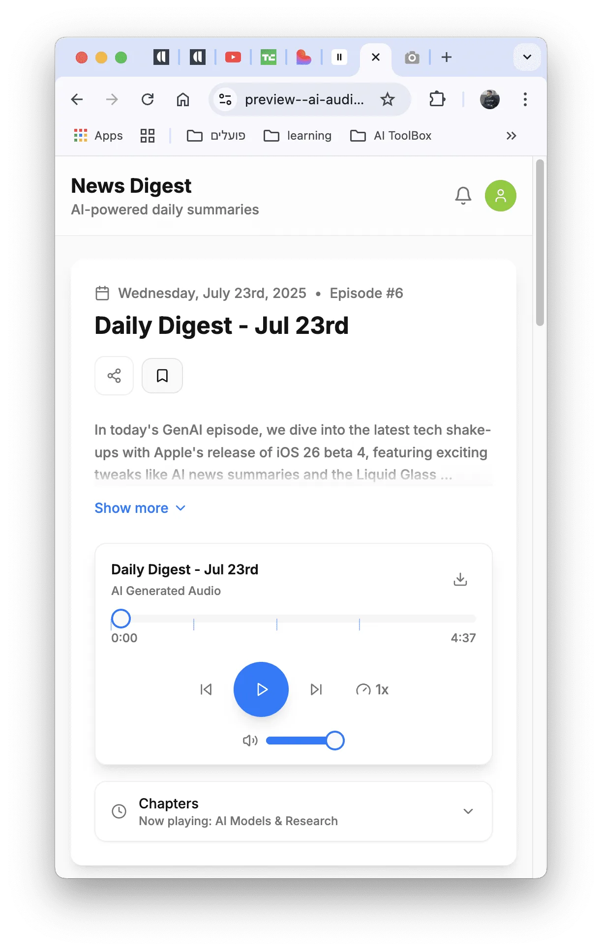 ai news audio summary app ui