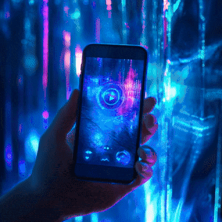 Glowing, fantasy background wite hand holding mobile divce with audio app player shown on the mobile