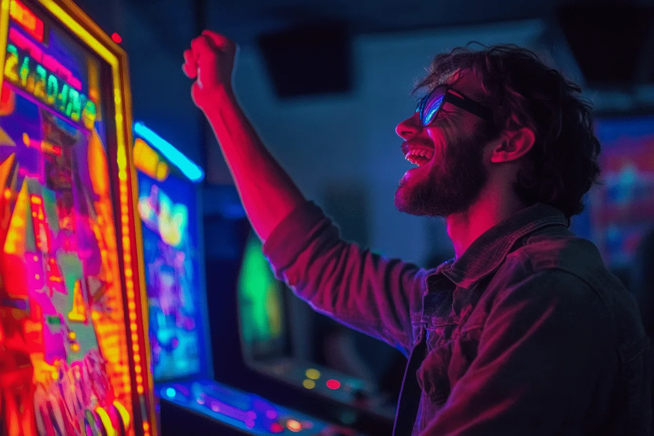 Glowing, fantasy, a thirty-year-old man playing an arcade machine and raising his hand in joy because he has passed a milestone.
