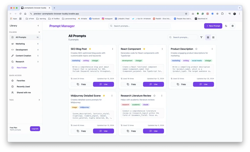 Prompt manager library, smart insertion with dynamic placeholders, tagging, favorites, and more