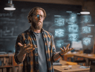 a teacher-like person explaining a holographic diagram of web application architecture