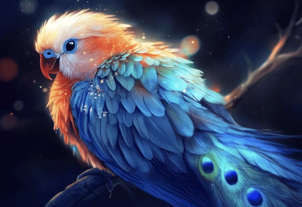 A realistic picture of a parrot that looks like a combination of a dove with a peacock-colored tail.